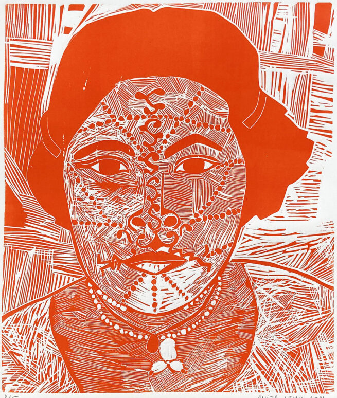 Indienne vermillon, linogravure