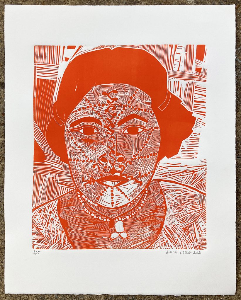 Indienne vermillon, linogravure
