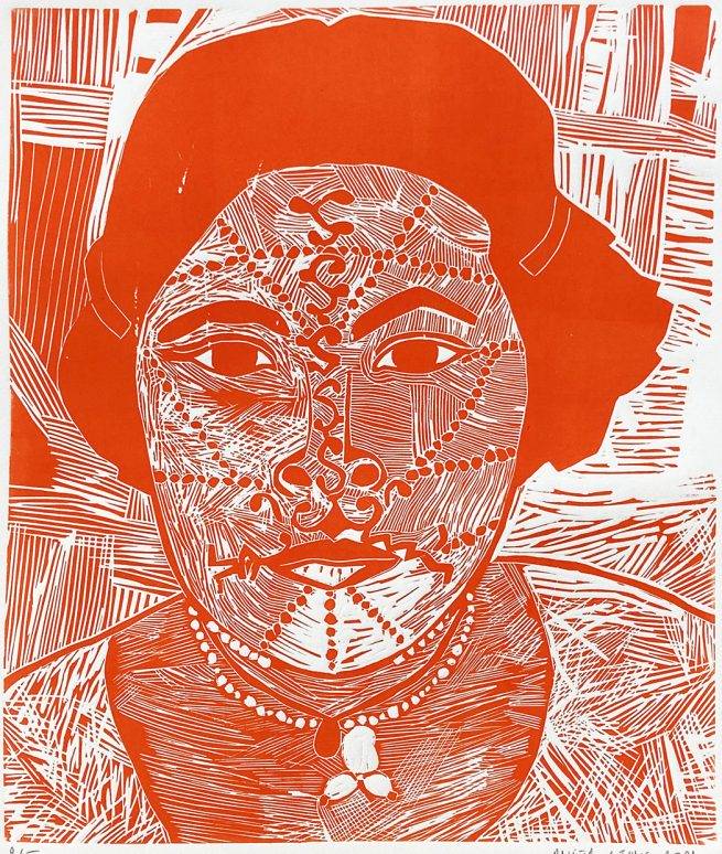Indienne vermillon, linogravure