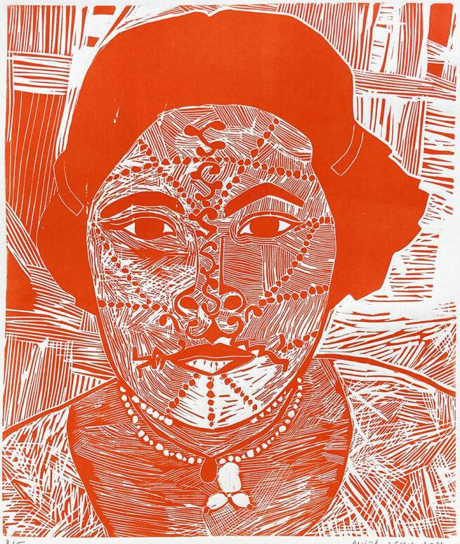 Indienne vermillon, linogravure