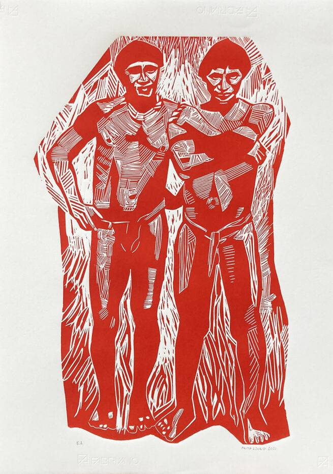 Deux indiens, linogravure