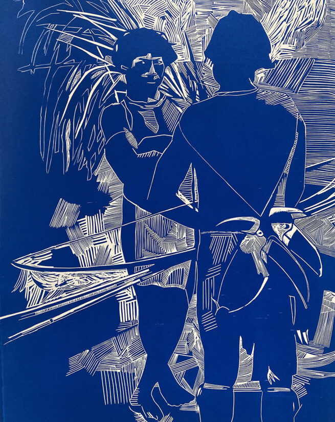 Indiens avec toucan, linogravure