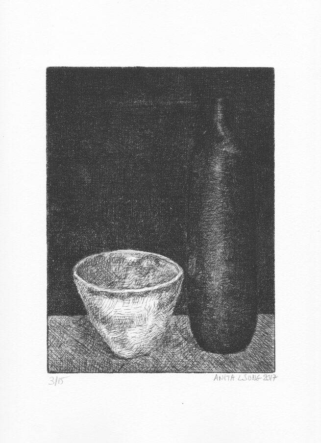 Bol blanc bouteille noire, eau-forte sur cuivre