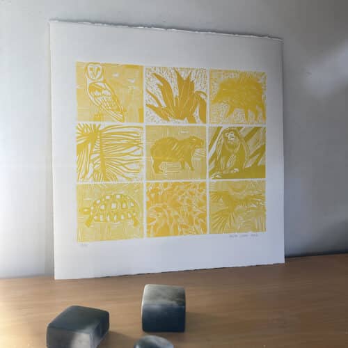 Para o sol, laranja / Pour le soleil, orange - Gravure sur bois - Image 1