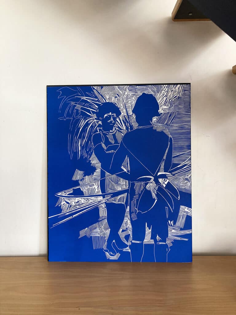 Indigènes avec toucan, linogravure