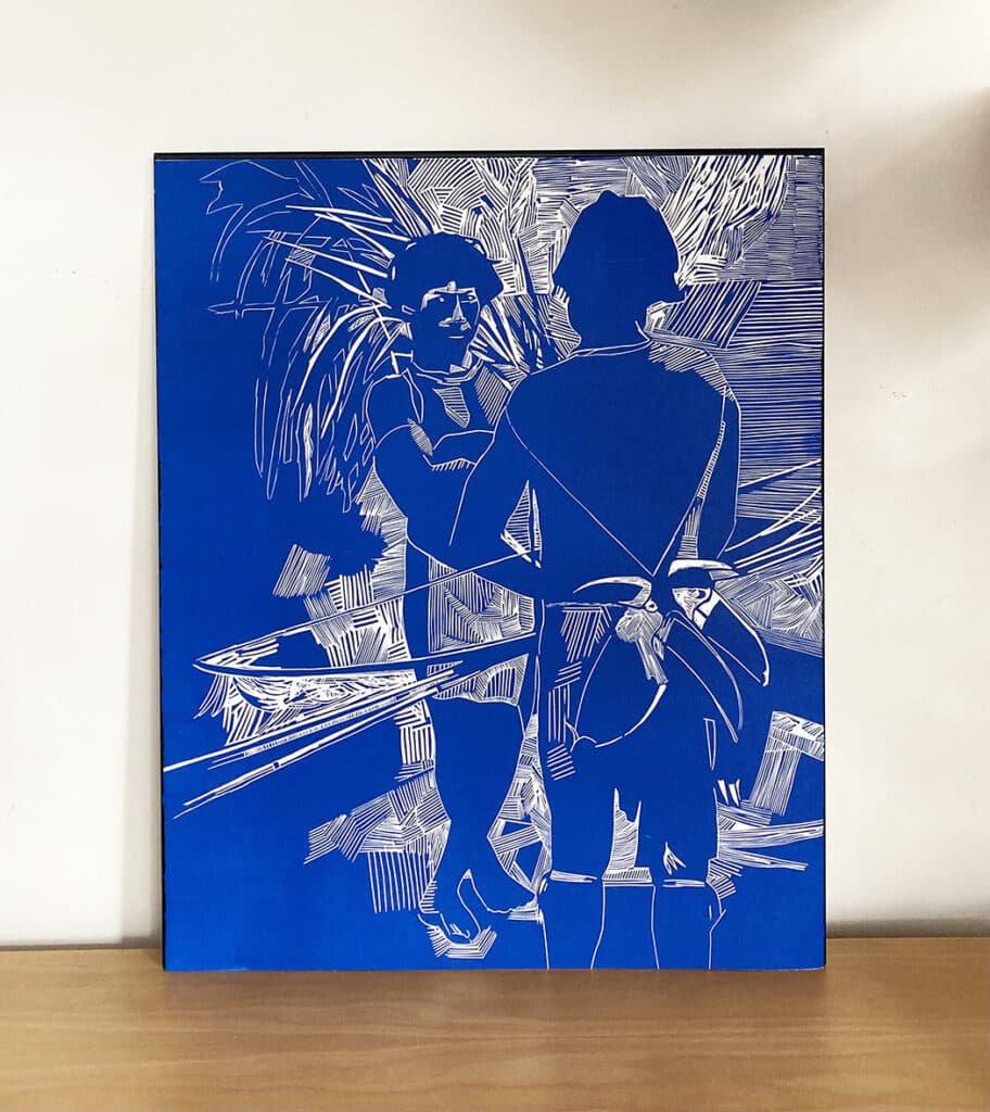 Indigènes avec toucan, linogravure